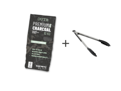 Houtskool 10 kg + BBQ tang silicone Outr